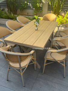 Outdoor Wicker round Corner Plastic Wood Table And Chair Set Waterproof Sunscreen Villa Garden Casual Chairs Courtyard Benches