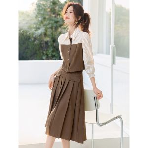 Mehemayi Color Block Striped Design Shirt And Skirt Set Commute Ensemble Spring 2025 Polyester Fiber Long Sleeve Polo Collar