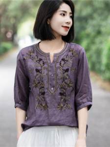 Summer Vintage High-end Cotton Linen T-shirt Embroidered Loose Sleeveless Artistic Womens Shirt Casual Style V-neck Top