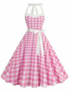 Vintage Women's Summer Dress: Belted Party Dress with Pink Plaid Print