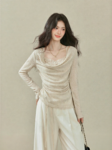 OUYANGXI | Áo Thun Knit Cổ Xẻ Viền Ren