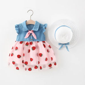 0-4 Y baby Vestidos summer seaside vacation childrens dress floral sleeveless bow girl princess dress+hat Clothes
