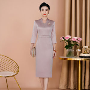 Elegant Wedding Dress Cheongsam Huipu Mommy to Be High Collar Long Sleeve Simple Style Low Slit Midi Qipao for Bride And Wedding Guest
