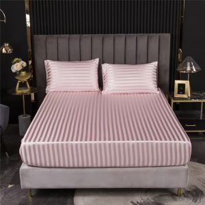 HOYAA Stripe Design 3 in 1 Silk Bedsheet Full Garterized with Pillowcase Smooth Cooling Satin Fitted Bed Sheets Set