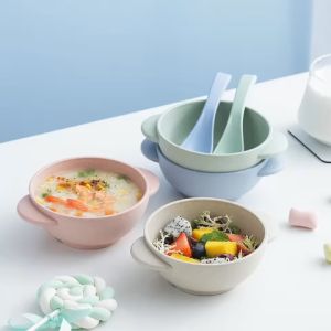 Bộ Bát Ăn Có Tay Cầm Kèm Muỗng Cho Bé Ăn Dặm Chất Liệu Nhựa Lúa Mạch An Toàn Chịu Nhiệt Cao