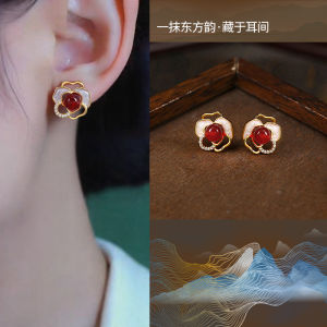 Red Camellia Earrings New Chinese Style Vintage Courtship Fashion Jewelry for Women Matching Cheongsam Ear Decorations