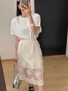 กระโปรงยาวปานกลางผ้าตาข่ายลูกไม้โปร่งรัดรูปสไตล์วินเทจ แขนสั้น กระโปรงทรงเอ เสื้อผ้าทำงานฤดูร้อนสำหรับผู้หญิง อายุ 18-24 ปี