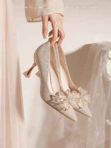 Champagne Color Crystal Butterfly Knot High Heels Thin Heel Fairy Style Maidsmaid French Wedding Shoes Two Wear Single Shoes
