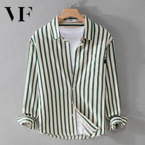 VFASION เสื้อเชิ้ตshirt เสื้อเชิ้ตแขนยาว ผ้าฝ้าย ลายทาง ทรงหลวม หรูหรา สไตล์เกาหลี สําหรับผู้ชาย