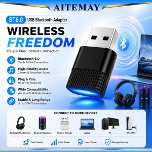 Aitemay Bluetooth 6.0 USB Transmitter Adapter for PC/Laptop/TV Speaker Mouse Gaming Headphone Plug & Play Auto-Reconnect