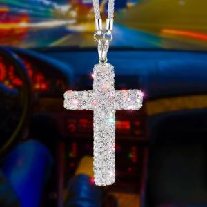 Cross-Border Hip Hop Religious Decoration Pendant Necklace Diamond Embedded Car Interior Hanging Ornament Cross Inlay