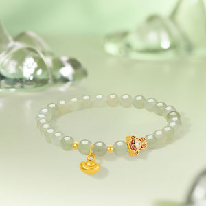 ZHOU LIU FU 周六福 24K Solid Gold Stretch Bracelet Pure Gold Ingot Charm Bracelets Green Jade Beaded Bracelets Anniversary Birthday Jewelry for Women Wife Mom 17cm Y1913661