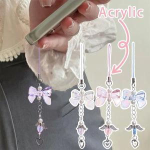 4PCS Sweet Y2K Bow Love Heart Angel Beaded Keychain Phone Lanyard Charms Car Keyring Backpack Pendant Ornament Accessories