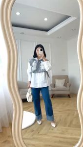 SJM KEMEJA KOREAN STYLE VEST SALUR BAHAN KATUN POPLIN KOMBINASI BRUKAT LENGAN PANJANG 2798