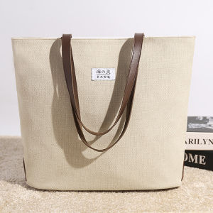 Cotton Canvas Tote Bag for College Girls Linen Commuter Casual Large Bag Soft Handle Double Zipper Closure Fresh Style