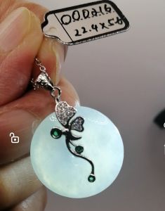 🌹100% Authentic Brand New Set "A" grade Burmese jade "Pinannkou 平安扣" pendant lovely icy bluish green appearance extra large size icy jadeite 22.4/5.6mm high translucency lustrous surface clean and clear S925 sterling silver zirconia framed rare