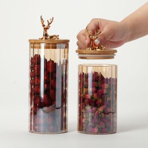 Scandinavian Style Food Storage Tank Miscellaneous Food Storage Dried Fruit Storage Organizer Borosilicate Glass Solid Wood Lids Food Storage & Dispensers 3D Fawn Design