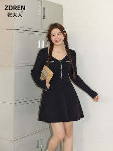 Zhang Da plus Size Womens V-Neck Knitted Dress Slimming High Waist A-Line Skirt Black Color Commute Korean Style Autumn Winter