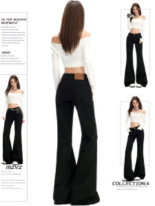 MZVZ | Quần Jeans flare đen eo thấp kiểu retro Mỹ nữ rộng