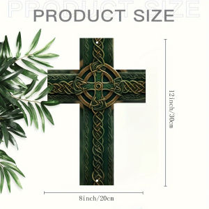 2D-1pc Metal Rustic Green & Golden Celtic Knot Metal Cross Wall Art - 8x12 Inch Farmhouse Style Metal Decor for Indoor/Outdoor