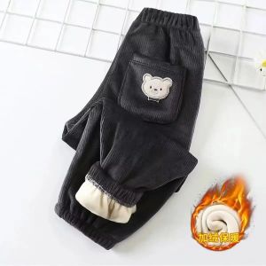Autumn Winter Childrens Fleece-lined Pants with Pocket Embroidery Corduroy Casual Pa Nt Warm Jogger Trousers for Boys and Girls