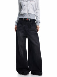 FreeMary Wide Leg Straight Jeans High Waist Cotton Denim Pants Grey Black Color Block Loose Fit Floor Length Trousers