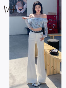 White High Waist Slimming Straight Leg Jeans Womens Spring New Style Casual Washed Pure Color Multi Pocket Vintage Wide Leg Jeans