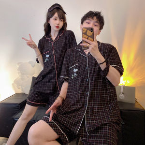 ผ้าฝ้าย ชุดนอนคู่รัก ฤดูร้อน น้ำหนักเบา แขนสั้น กางเกงขาสั้น ชุดอยู่บ้านสําหรับผู้ชาย ระบายอากาศได้ดี ชุดนอนสบาย