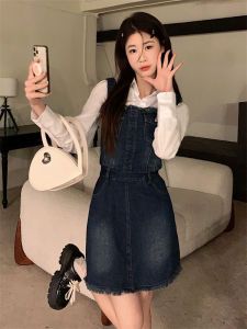 สาวเผ็ดย้อนยุคล้าง เดนิม ชุดเอี๊ยม เดรส ผู้หญิง ฤดูใบไม้ร่วง ฤดูหนาว ใหม่ หวาน เอวเผ็ด พรางหุ่น กระโปรงสั้น เดรส