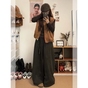 Retro Brown Suede Layered Vest Womens plus Size Autumn Winter round Neck Casual Versatile Leisure Jacket Vest