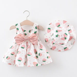 0-4 Y baby Vestidos summer seaside vacation childrens dress floral sleeveless bow girl princess dress+hat Clothes