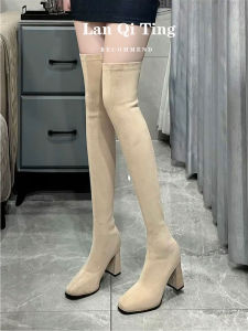 Giày Bốt Cao Đến Đầu Gối Cho Nữ Giày Bốt Cao Gót Đế Dày Đế Cao Su Mùa Đông Giày Bốt Da Lộn Mũi Vuông Giày Bốt Co Giãn