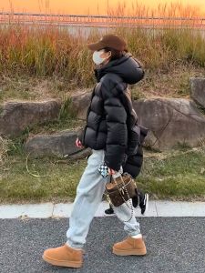 Black Long Puffer Jacket Womens Winter New Korean Style High Sensation White Duck down Coat Hooded Bread Style Outerwear