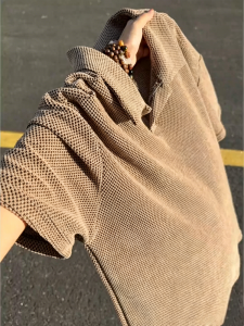 CHENMU | Aesthetic Vintage Seersucker Feel Mens Polo Shirt Cool Breathable