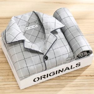 Casual Cotton Pajamas Set for Men Loose Fit Long Sleeve Long Pants Home Wear Comfortable Breathable Sleepwear in Korean Style