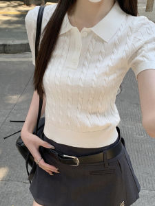 Korean Style Short Sleeve Polo Neck Knitted Twisted Yarn Slim Fit Short Length Top for Women Summer New Arrival College Style
