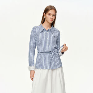 DUSHU | Lace Trimmed Striped Waist-Cinching Shirt