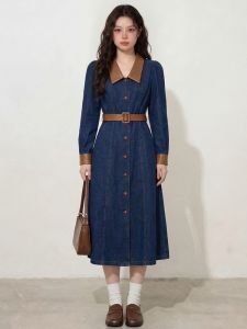 RELNLEX | Đầm Dài Denim Nút Cổ Điển Pháp Plus Size
