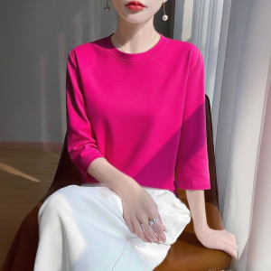 Elegant Mid-Sleeve T-Shirt Womens Early Autumn New Style 2025 Trendy Base Shirt Cotton Polyester Blend Comfortable Fit