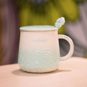 Ceramic Rabbit Cup with Lid Spoon Couple Style Office Use Drinking Coffee Cup Nordic Style Water Cup Adult Size Handmade