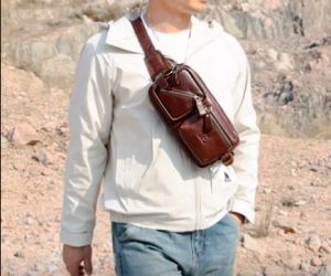 Bullcaptain đầu Lớp da bò một bên vai tiết diện ngang chéo Túi đựng điện thoại đeo ở hông cho nam retro 8-inch sạc tai nghe Túi