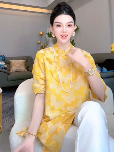 Young Style Chinese Elegant Button down Shirt Womens Summer New Fashion Top Small Shirt Tang Costume Polyester Fiber Shirt