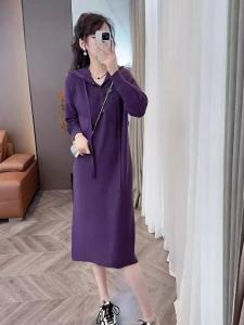 French Vintage Hooded Knitted Dress Womens Spring Autumn Loose Casual Soft Sweater Dress Korean Style Loose Waist Long Sleeve