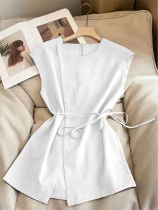 White Cotton Linen round Neck Shirt Womens Fashion Slim Fit Belted Sleeveless Top Simple Elegance Summer New Arrival