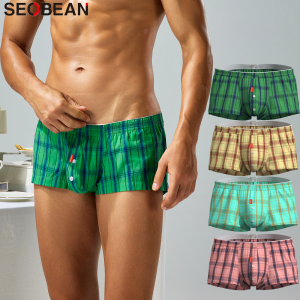 SEOBEAN 100% Cotton new product Mens Plaid Boxer Shorts Underwear Boxers Home Lounge Shorts Male Underpants Men Sleep Bottoms
