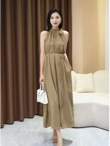 Summer 2026 Sleeveless Neckline Holiday Style Lazy Goddess Belted Long Dress Fashionable A-Line Skirt High Waist Polyester