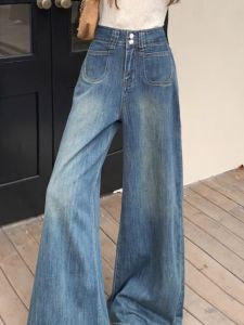 Retro Blue Double Buckle Wide Leg เดนิม กางเกง ผู้หญิง ฤดูใบไม้ร่วง ฤดูหนาว New High เอว Drape Straight หลวม ความยาวพื้น กางเกงขายาว