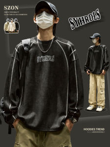 เสื้อยืดคอกลมแขนยาวผ้ากำมะหยี่พิมพ์ลายแฟชั่นสไตล์อเมริกันสำหรับผู้ชาย เสื้อตัวบนทรงหลวมสบายๆ ฤดูใบไม้ผลิและฤดูใบไม้ร่วง