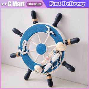 Mediterranean Navigation Style Wall Hanging Pendant Wooden Ship Rudder Fishnet Ship Anchor Hanging Boys Bedroom Home Wall Decor Wooden Ship Wheel Wall Hanging Mediterranean Helmsman Decor for Home Photo Wall Coastal Style Nautical Craft