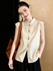 SHUAIYUE | Áo Blouse Đứng Cổ Màu Be Thêu Hoa Văn Mới Kiểu Trung Quốc